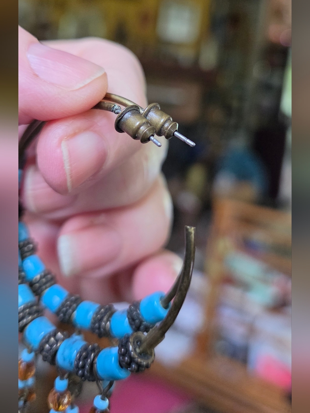 Boho Turquoise & Amber Vintage Beaded Hoop Earrings - Picture 5 of 6